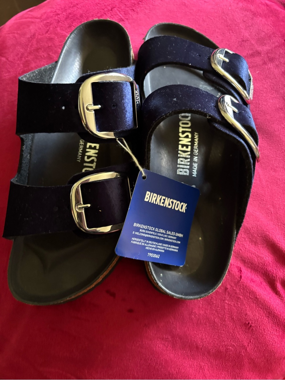 Birkenstock Arizona Velvet Sandals in Navy with Silver Buckles
